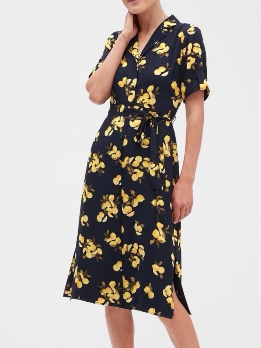Banana Republic Navy Blue Yellow Lemon Print Midi Shirt Dress Tie Belt Size 8